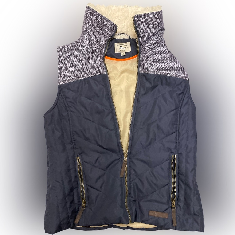 Bass Vest size small blue faux fur around collar